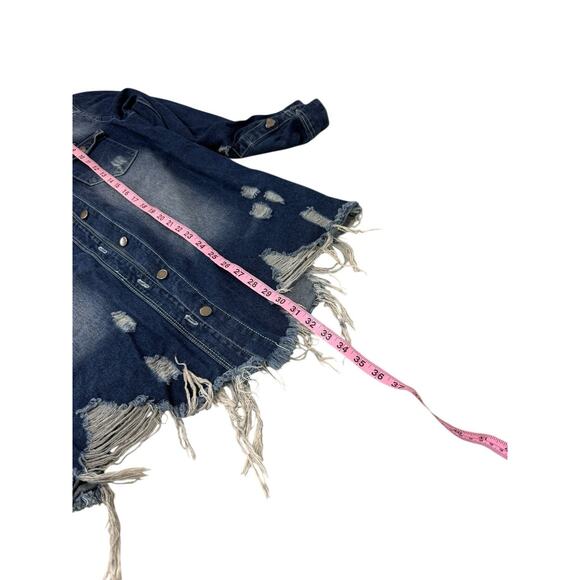 American Bazi Longline Denim Jacket Distressed Dark Wash Womens Large Boutique - Picture 6 of 7